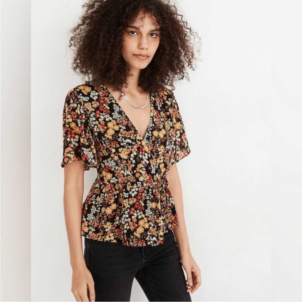 Madewell Top Short-Sleeve Floral Peplum Wrap Top Black and Orange Floral Garden